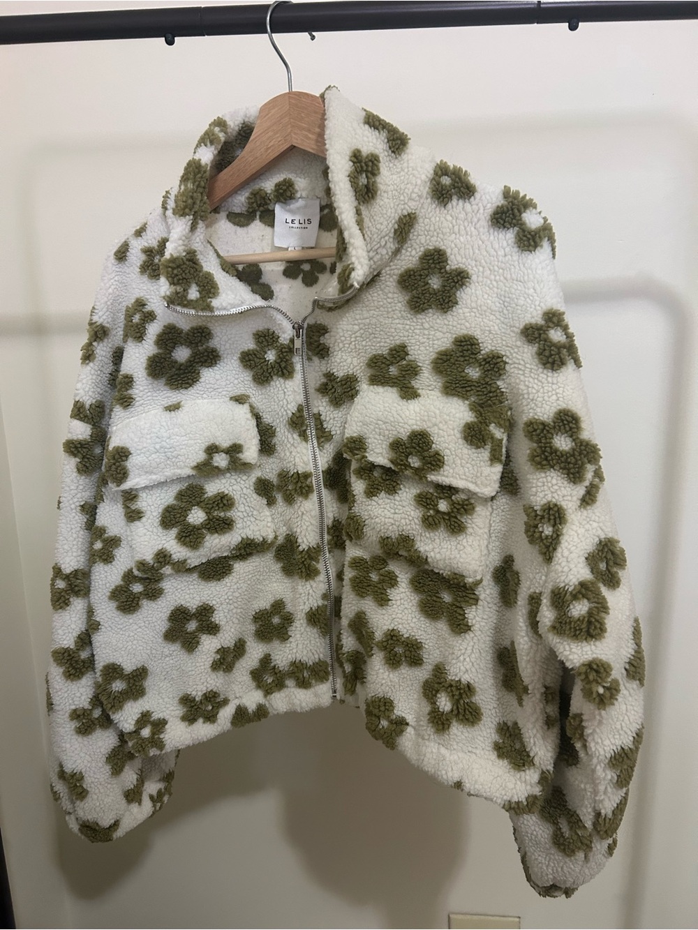 Le Lis White Sherpa Zip Jacket with Olive Floral Print
